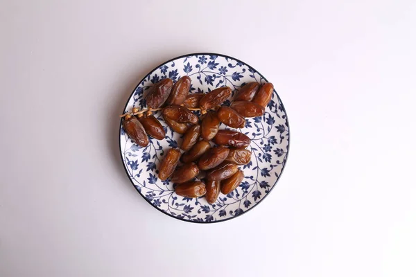 Top View Plate Filled Dates White Background — Stock Photo, Image