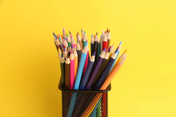 Closeup Shot Colorful Pencils Box Yellow Background — Stock Photo, Image