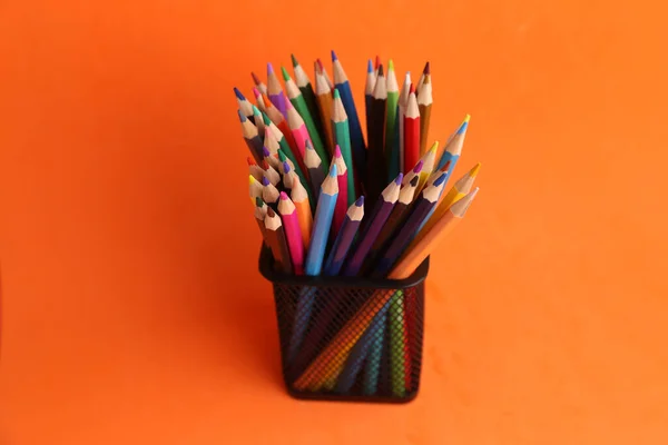 Closeup Shot Colored Pencils Pencil Holder Orange Background — Stock Photo, Image