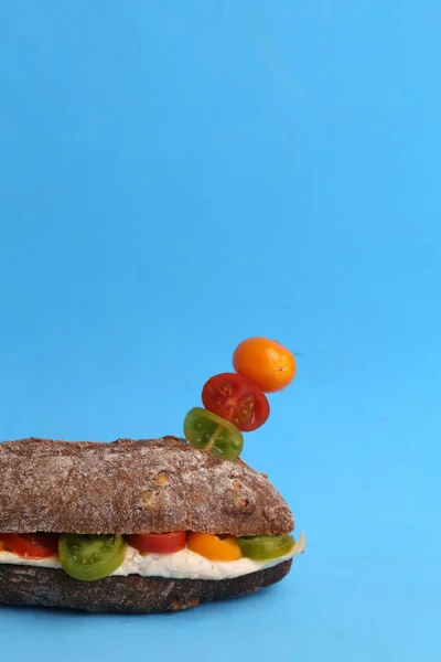 Tiro Vertical Sanduíche Queijo Com Tomates Isolados Fundo Azul — Fotografia de Stock