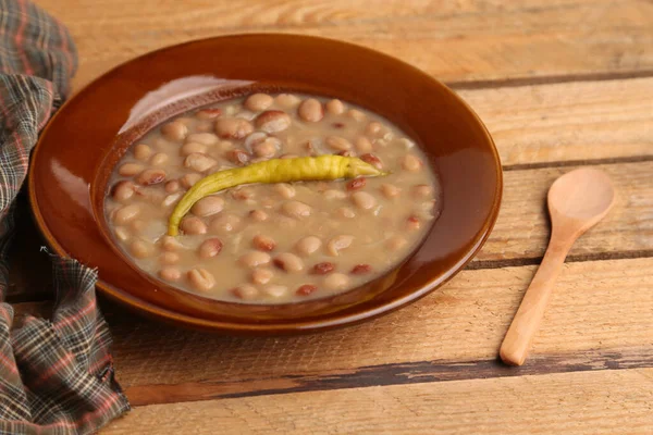 Heerlijke Bonensoep Met Een Pittige Peper Kom — Stockfoto