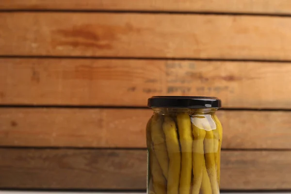 Closeup Jar Pickled Green Chili Peppers Front Wooden Background — Stock Photo, Image