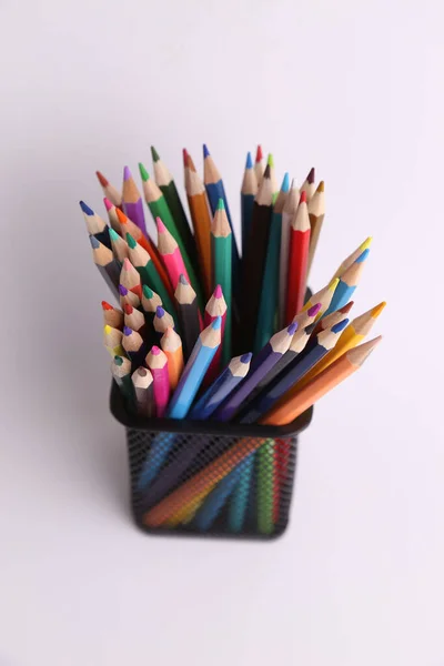 Vertical Shot Bunch Colorful Pencils Metal Holder Isolated White Background — Stock Photo, Image