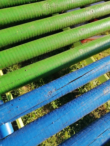 Vertical Closeup Shot Colorful Bench Made Metal Poles — Stock Photo, Image