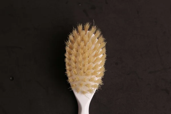 Top View Plastic Hairbrush Black Surface — Stock Photo, Image