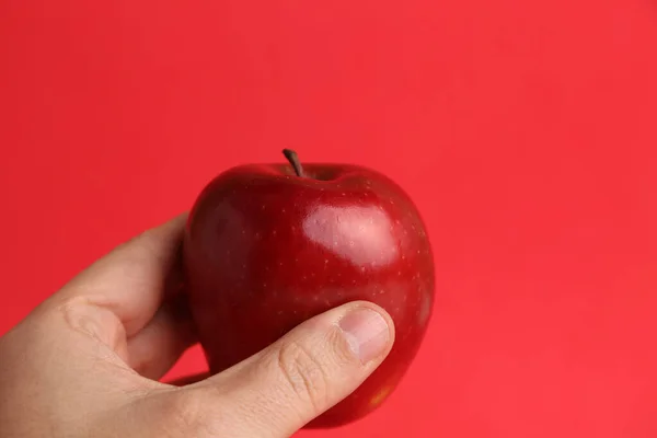 Uma Pessoa Segurando Uma Maçã Vermelha Madura Brilhante Sua Mão — Fotografia de Stock