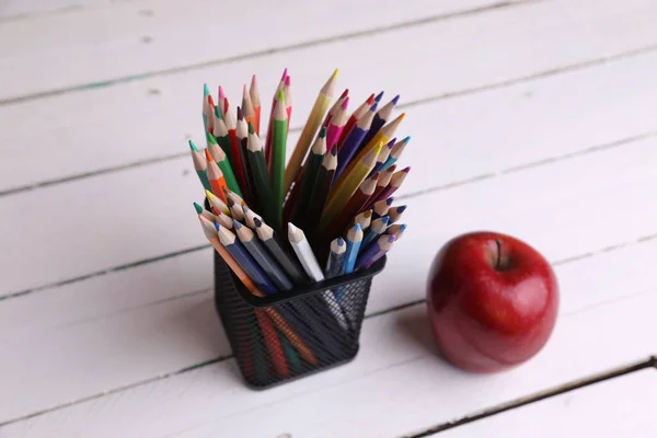 High Angle View Colorful Pencils Black Container Wooden Table Red — Stock Photo, Image