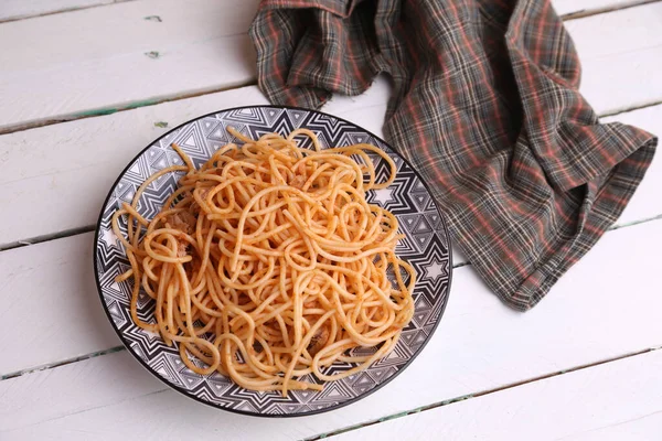 Delicioso Saboroso Espaguete Italiano Com Carne Frango Prato — Fotografia de Stock