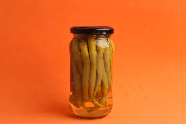 Closeup Shot Chili Peppers Glass Canned Jar Vinegar — Stock Photo, Image