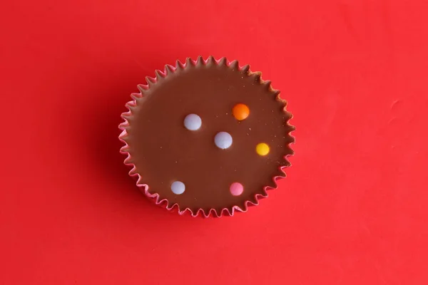 Una Foto Vista Dall Alto Cupcake Cioccolato Con Carta Rosa — Foto Stock