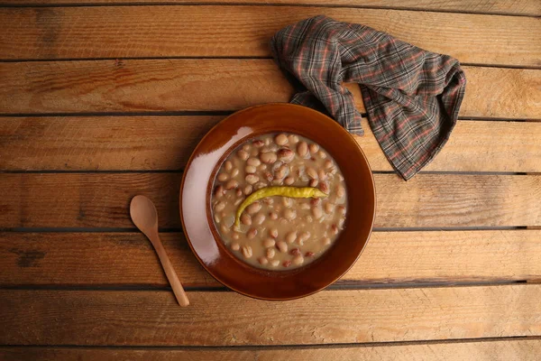 High Angle Shot Bean Soup Pepper Bowl Spoon Side — Stock Photo, Image