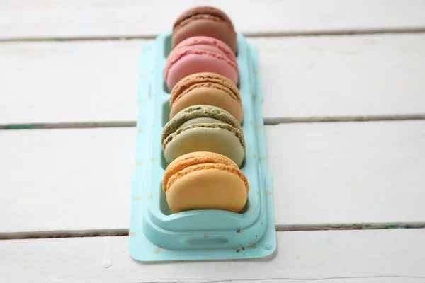 Closeup Shot Delicious Sweet Macarons Wooden Surface — Stock Photo, Image
