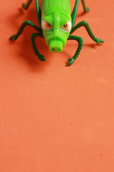 Крупним Планом Іграшка Зеленого Коника Ізольована Помаранчевому Фоні — стокове фото