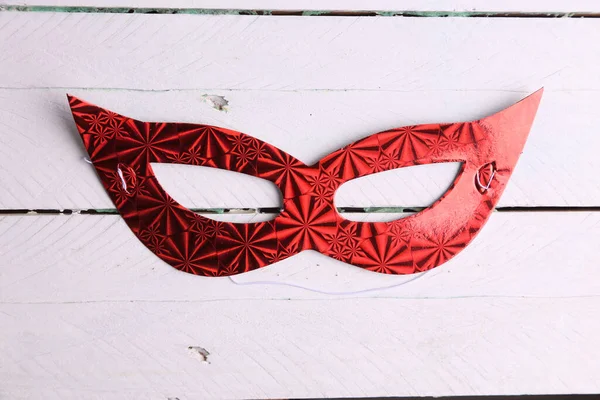 Top View Red Cardboard Party Mask White Wooden Surface — Stock Photo, Image