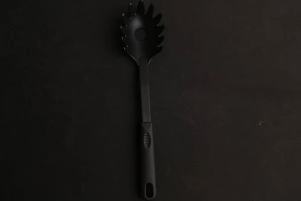 Plastic Spaghetti Spoon Black Background — Stock Photo, Image