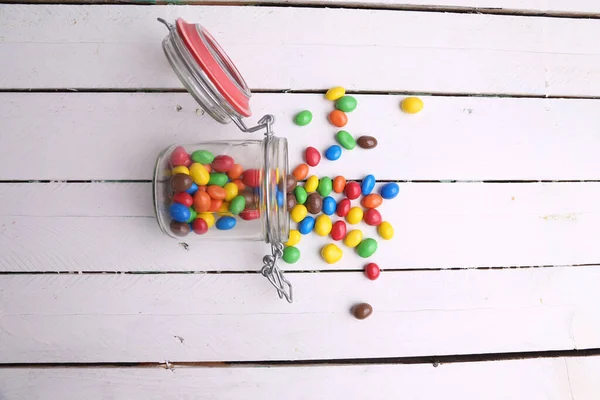 Une Vue Dessus Bonbons Chocolat Colorés Dans Bocal Sur Une — Photo