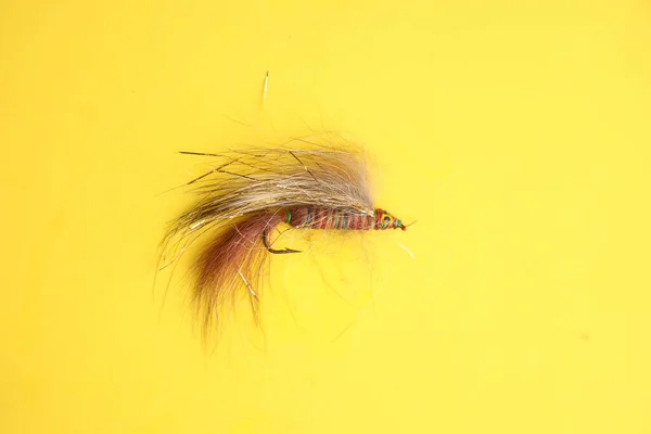 Closeup Shot Fishing Hook Isolated Yellow Background — Stock Photo, Image