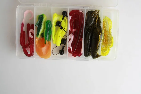 Overhead Shot Colorful Rubber Worms Fishing Lures Tackle Box White Stock Image