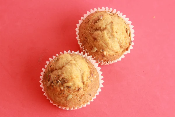 Una Vista Dall Alto Gustosi Muffin Sfondo Rosa — Foto Stock