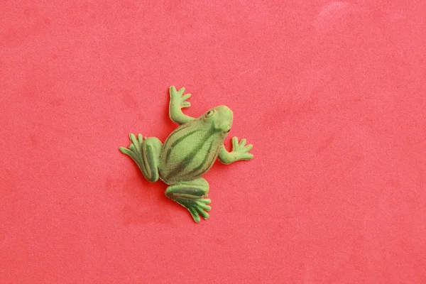 红色背景下青蛙橡胶玩具的顶视图 — 图库照片