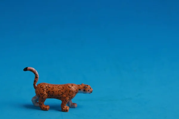 Крупним Планом Маленький Іграшковий Леопард Ізольований Синьому Фоні — стокове фото