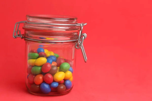 Sweet Colorful Candies Filled Jar Isolated Hot Pink Surface Copy — Stock Photo, Image