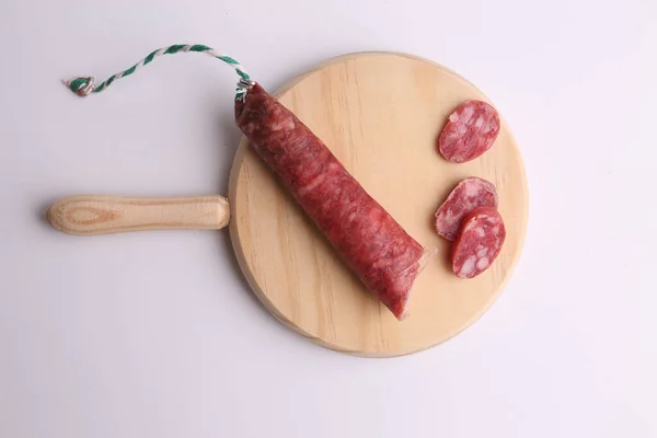 Chorizo Tradicional Español Sobre Una Tabla Cortar Madera — Foto de Stock