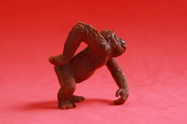 Brinquedo Macaco Borracha Isolado Fundo Vermelho — Fotografia de Stock