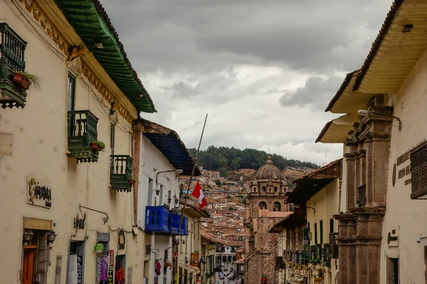 Cusco Perú Porches Edificios Antiguos Vista Calle Centro Ciudad —  Fotos de Stock