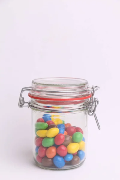 Vertical Closeup Shot Colorful Chocolate Balls Jar Isolated White Background — Stock Photo, Image