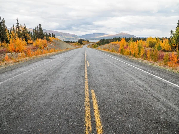 Een Asfaltweg Omzoomd Met Prachtige Herfstbomen Bergen Aan Horizon — Stockfoto