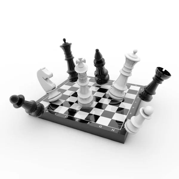 Тривимірне Відображення Чорно Білих Шахових Фігур Падають Дошки Концепцію Білого — стокове фото