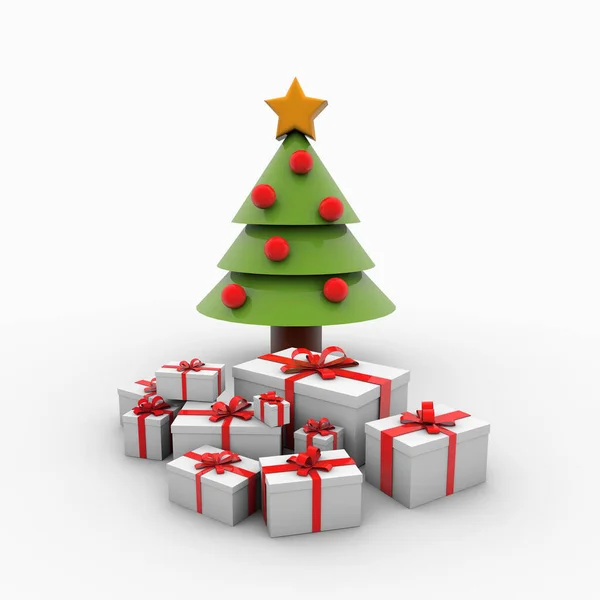 在白色的背景上 一个卡通人物圣诞树的图片 它下面有几个礼物 — 图库照片