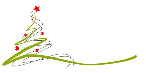 A digital illustration of a simplistic green Christmas tree with red ornaments on a white background