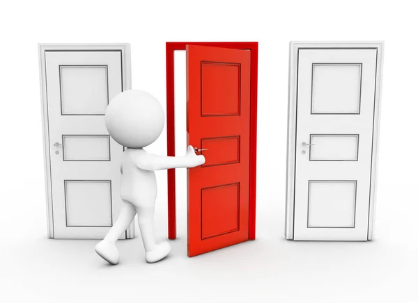 白い背景に二つの白い扉の間に赤い扉を開ける人物の3Dレンダリング — ストック写真