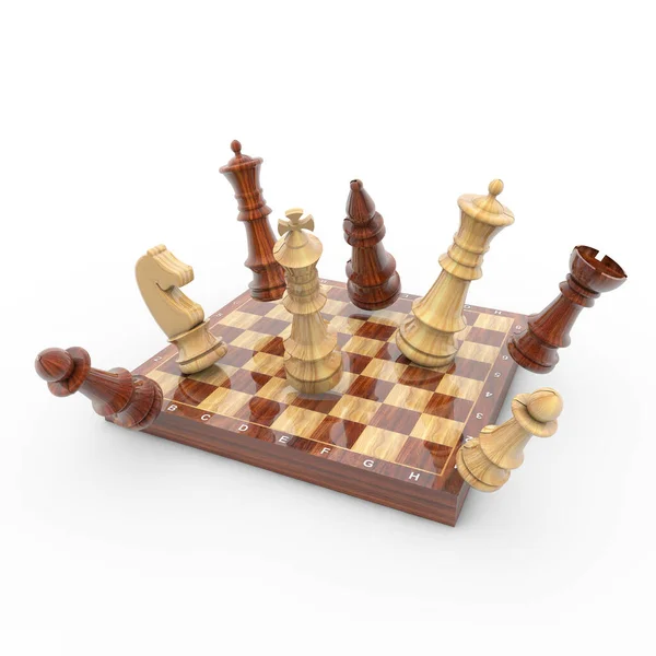 Eine Darstellung Eines Schachbretts Mit Fallenden Figuren Auf Weißem Hintergrund — Stockfoto