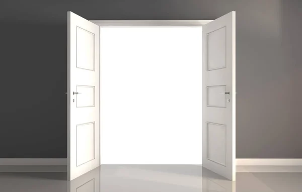 带有复制空间的打开的白色门的三维渲染说明 — 图库照片