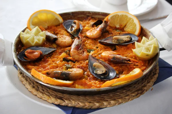 Plato Paella Mariscos Plato Típico Español Con Mejillones Gambas — Foto de Stock