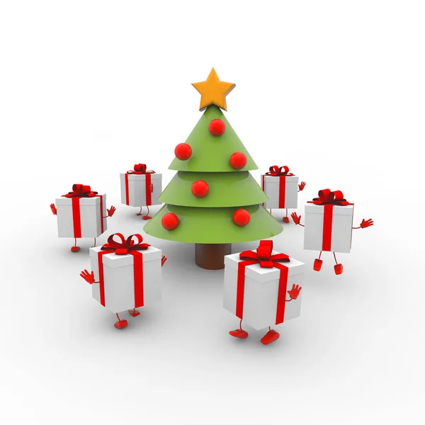 一张白色背景上有礼物的美丽圣诞树的3D渲染图 — 图库照片