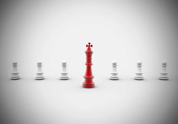 白い背景に白い質屋の間に赤いチェスの王の姿の3Dレンダリングイラスト 力を持つという概念 — ストック写真