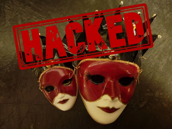 Primer Plano Las Máscaras Teatro Con Sello Rojo Hacked Concepto — Foto de Stock