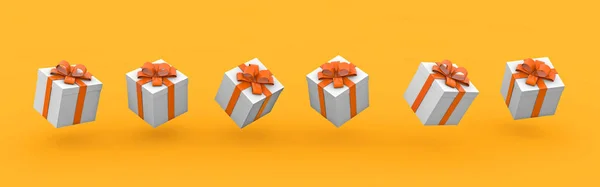 Иллюстрация Шести Подарочных Коробок Оранжевыми Лентами Оранжевом Фоне — стоковое фото