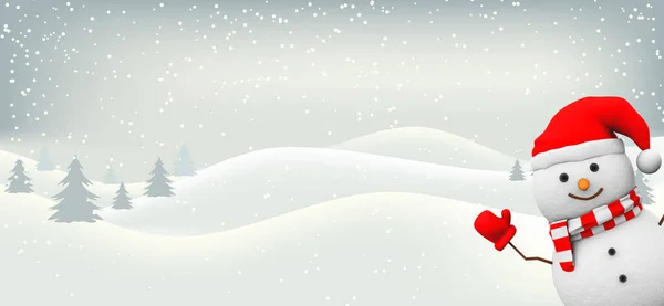 Rendering Illustration Snowman Red Cute Hat Christmas Tree Snowy Theme — Stock Photo, Image