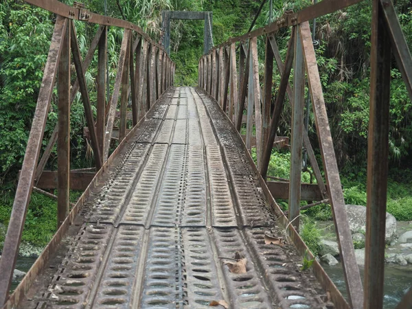 森の中の古い金属製の歩道橋の高い角度のショット — ストック写真