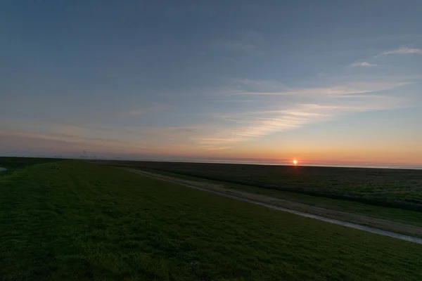 Uma Vista Paisagem Campo Verde Junto Mar Durante Pôr Sol — Fotografia de Stock