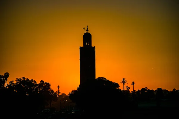 Silhouette Mosquée Koutoubia Face Beau Lever Soleil Marrakech Maroc — Photo