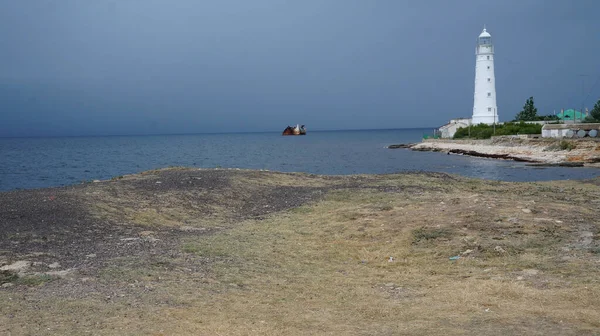 Hermoso Tiro Del Faro Tarkhankut Frente Mar Situado Crimea — Foto de Stock