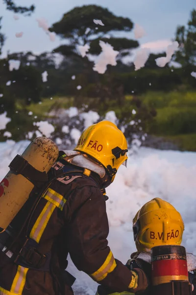 Ett Vertikalt Skott Brandmän Med Syrgascylinder Skogen — Stockfoto