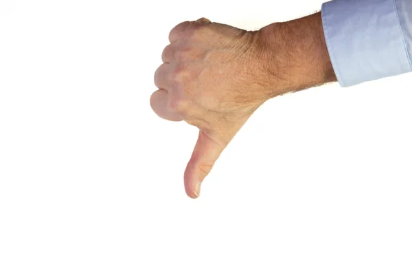 Egy Közelkép Egy Férfi Kézről Világoskék Ingben Hüvelykujjal Lefelé Felirattal — Stock Fotó