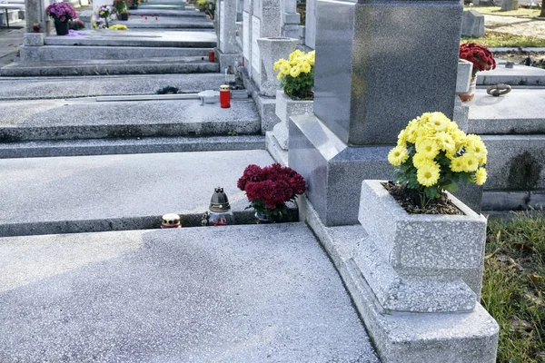 Квіти Надгробках Цвинтарі — стокове фото